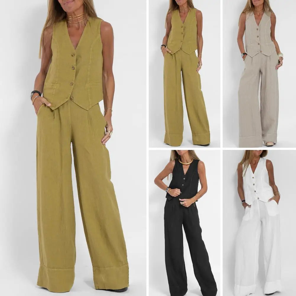 Casual Style Suit Set Fashionable Women's Cotton Linen Suit Sleeveless Vest Wide Leg Pants Set for Office or Casual Wear