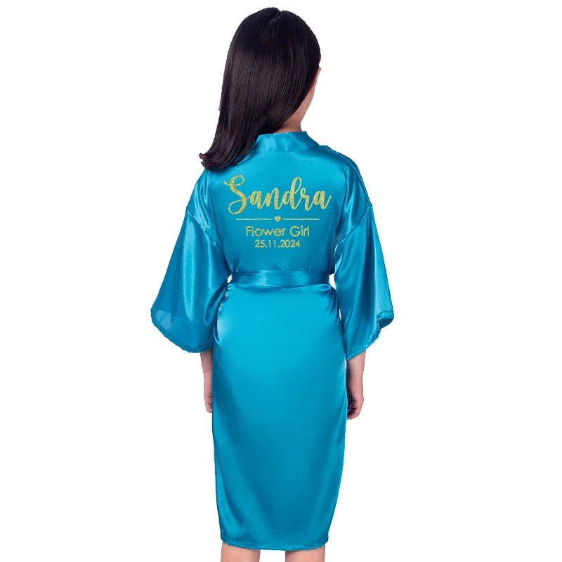 Customize Name Date Flower Girl Kimono Robes Wedding Bathrobes Pajamas Kids robe+belt Nightdress Brial Party Kid Robe