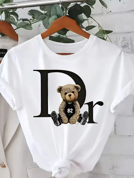 Summer Women's T-Shirt Original Design Fashion Letter Cartoon Bear Printed Women's Casual Crew Neck Short Sleeved Tops