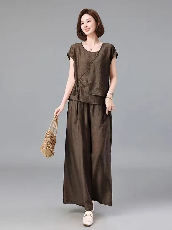 Faionable Summer 2025 Agel Loose Commute Simple Set Ele Senior Women's Cotton Long Pants ort Sve Two-Piece Suit