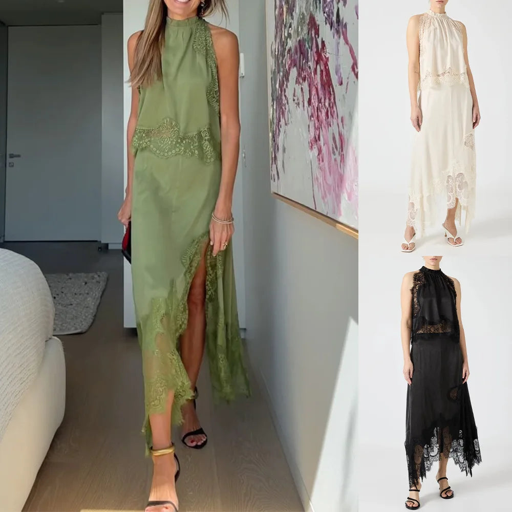 Temperament Solid Color Skirt Two Piece Set Women Lace Patchwork Sleeveless A-line Skirts Irregular Skirts 2 Piece Sets Female