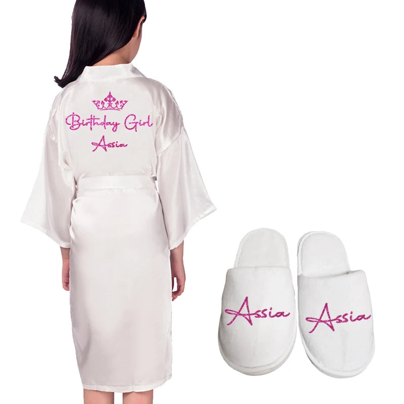 Customize Name Date Flower Girl Kimono Robes Wedding Bathrobes Pajamas Kids robe+belt Nightdress Brial Party Kid Robe
