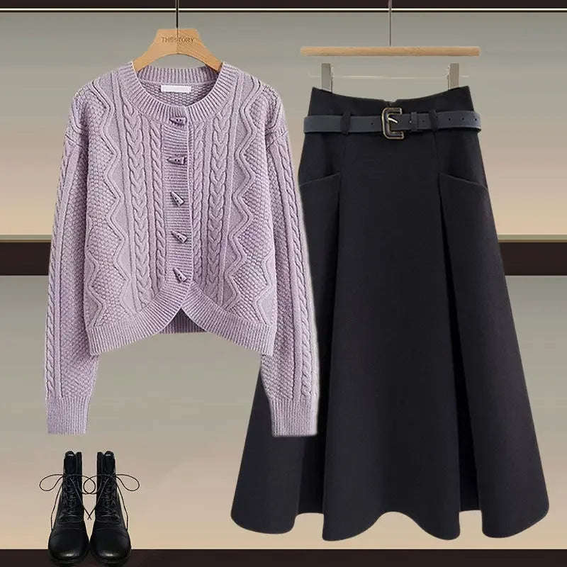 Plus Size Winter Knitted Sweater And Mini Skirt Set for Women Button Design Slimming Top Bottom Piece Outfit Ensemble