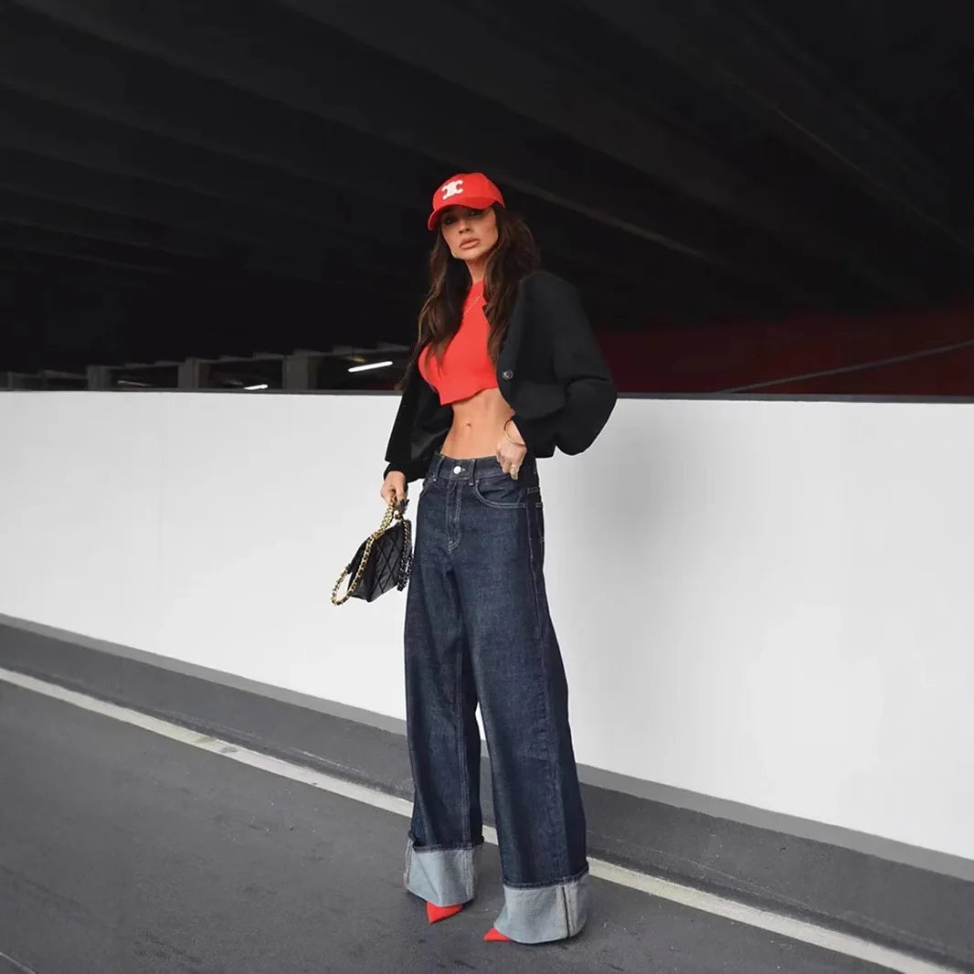 Women's 2025 Spring Fashion Casual Denim Jacket Coat Flared Rolled Pants Two-piece Set Ensemble Femme 2 Pièces Été