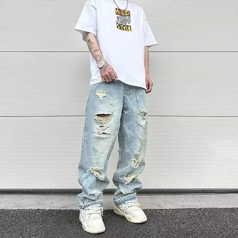 2025 Men's Vintage American Style Distressed Straight-leg Jeans Trendy European American High Street Washing Machine Ripped