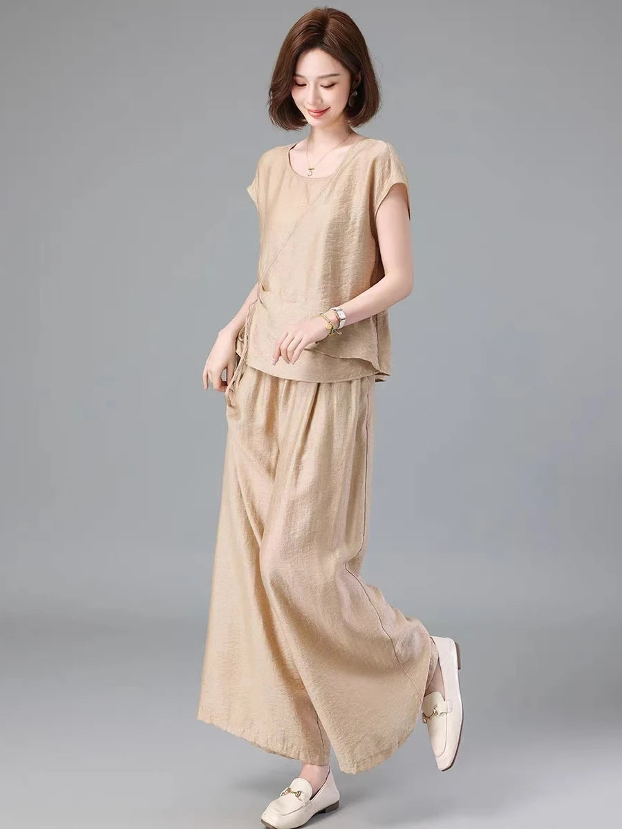 Faionable Summer 2025 Agel Loose Commute Simple Set Ele Senior Women's Cotton Long Pants ort Sve Two-Piece Suit