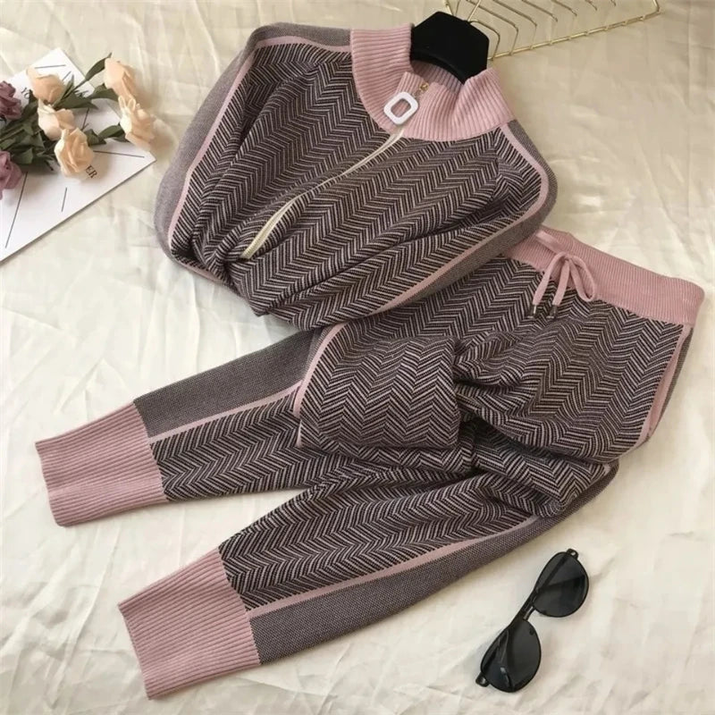 Korean Fashion Pants 2 Piece Set Women Half Turtleneck Knitted Jacket Conjunto Casual Spring Fall Jogger Pantalones Ensemble