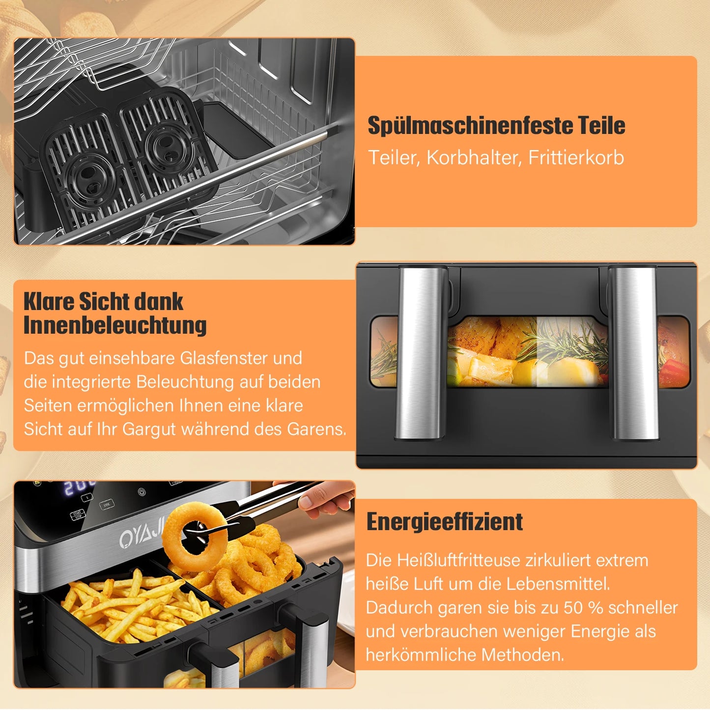 Air Fryer 10 L With Removable Divider, Viewing Window, Digital LED Touch Display, 12 Functions, Hot Air Circulation, 2600 W