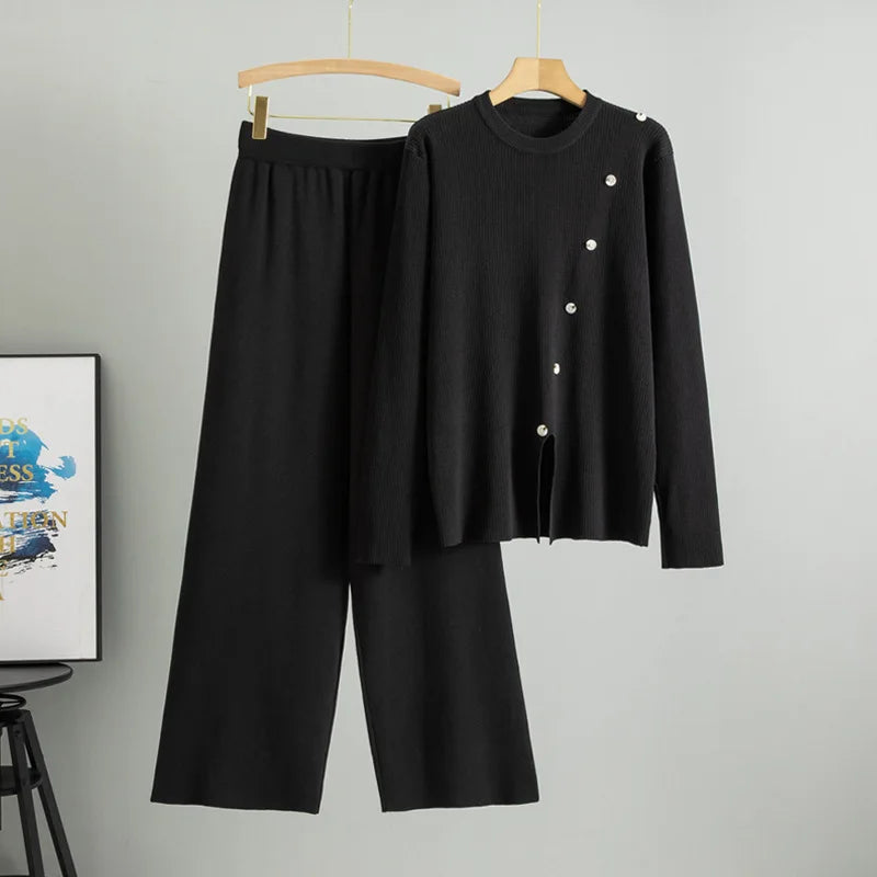 Women Two Piece Set Muslim Knitted Pullover Sweater Wide Leg Pant Casual Knit Outfits Suits Musulman Ensemble Autumn Winter