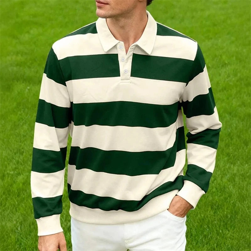 2026 New Striped Polo Shirts For Men Simple Fashion Long Sleeve 3D Printed Golf Polo Shirt Casual Oversized Daily Wear Tops