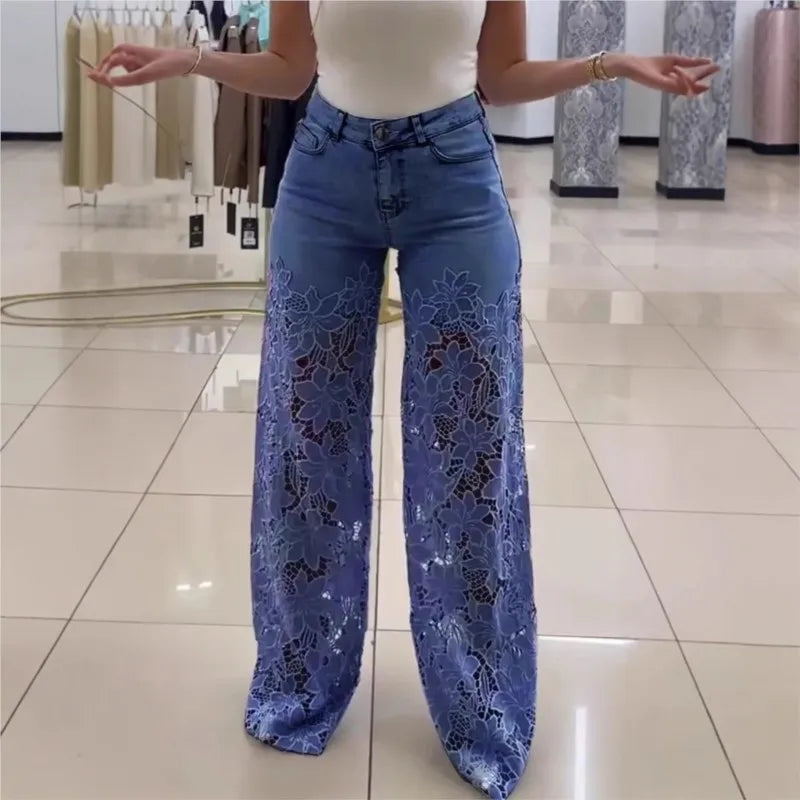 Fashion Elegant Jeans for Women High Waist Lace Patchwork Pantalones Hollow Out Oversized Spring Casual Loose All Match Pants