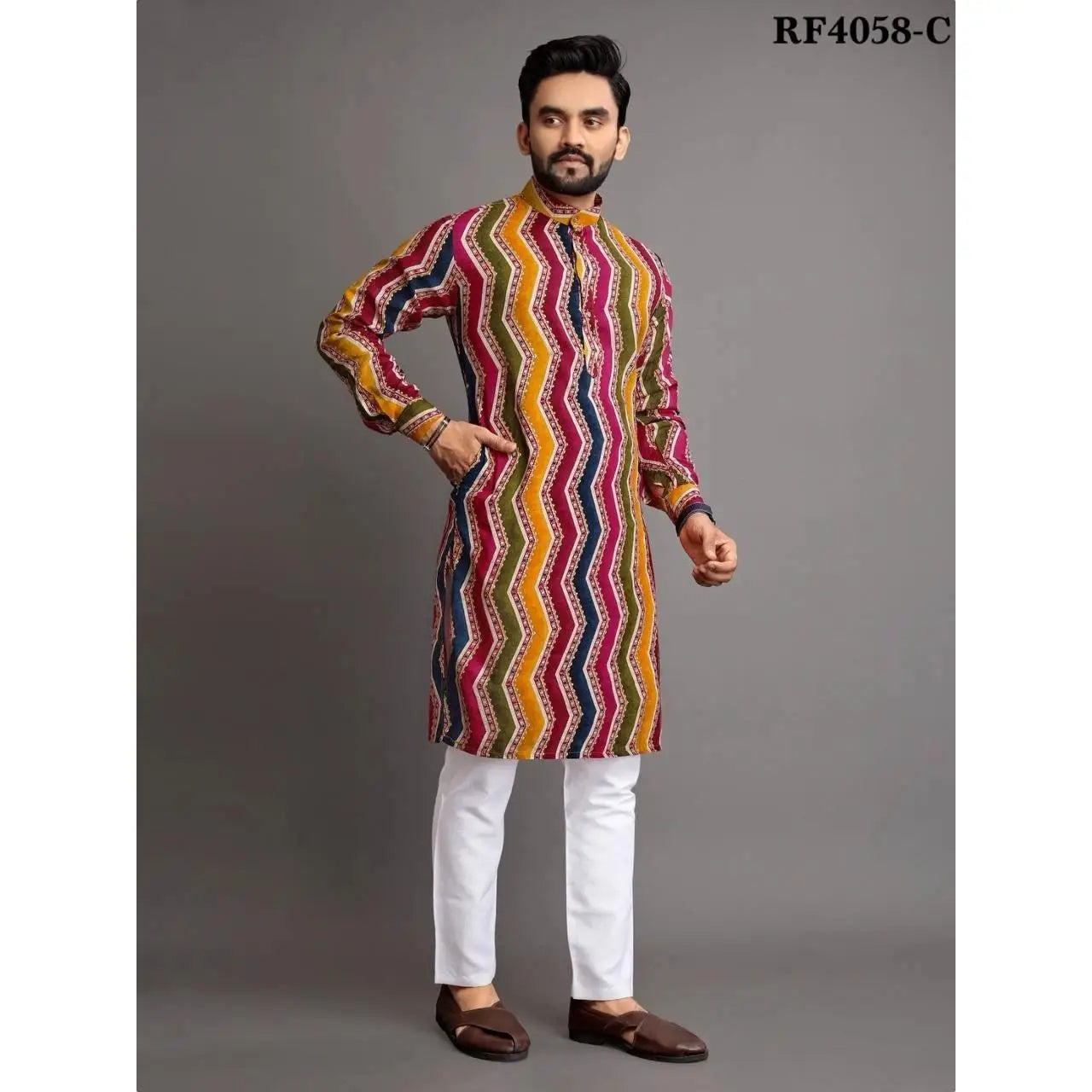 2025 Men Digital Printed Kurta Shirt Regular Fit Mandarin Collar Long Suitable All Occasions Such Wedding Hari Raya Aidilfitri