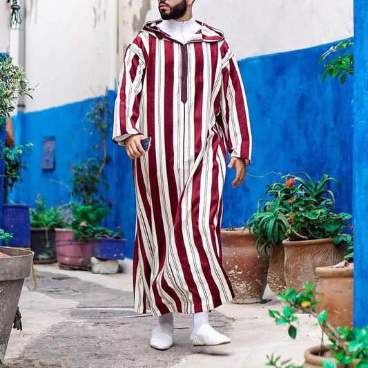 2025 Men's Islamic Arabian Striped Patchwork Hooded Jubba Thobe Zipper Muslim Robe Streetwear Casual Loose Arabian Islamic Robe