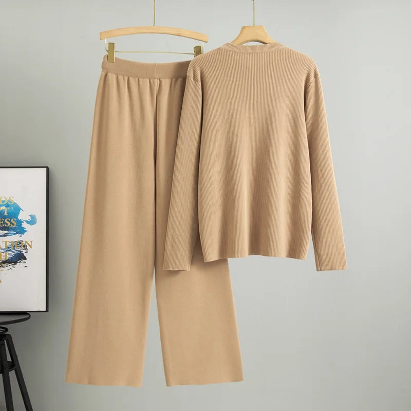 Women Two Piece Set Muslim Knitted Pullover Sweater Wide Leg Pant Casual Knit Outfits Suits Musulman Ensemble Autumn Winter