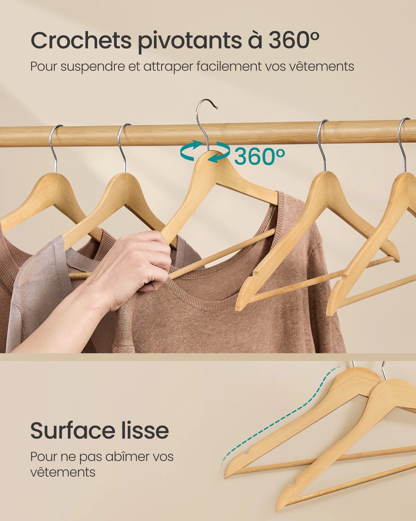 Wooden Hangers, Pack of 20, Slim, Birch Wood, for Strapless Tops, Jackets, Natural