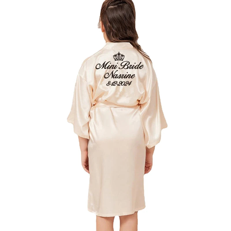 Customize Name Date Flower Girl Kimono Robes Wedding Bathrobes Pajamas Kids robe+belt Nightdress Brial Party Kid Robe