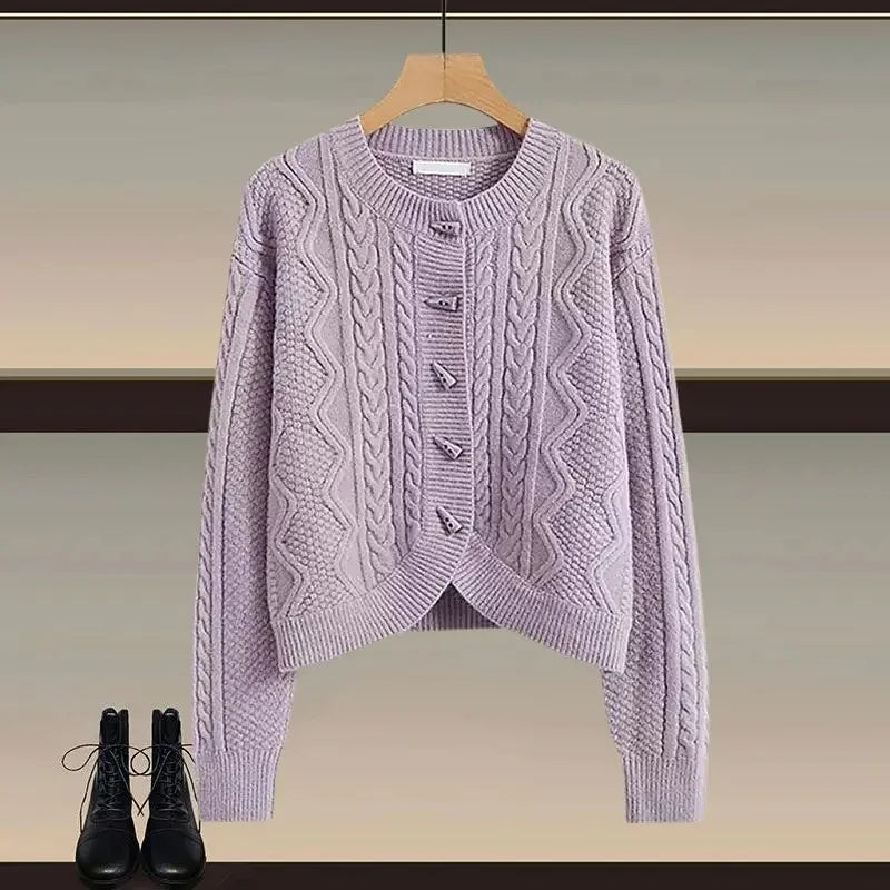 Plus Size Winter Knitted Sweater And Mini Skirt Set for Women Button Design Slimming Top Bottom Piece Outfit Ensemble
