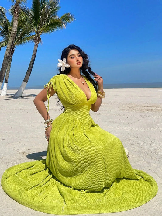 Plus Size Women's Holiday Casual Seaside Bright Waisted Short Sleeve Dress Romantic Holiday Pure Colour Pullover