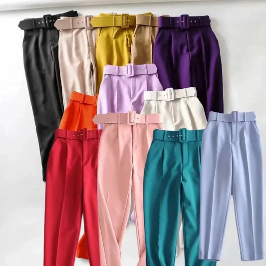 Women's New Pants Belt Decoration Candy Color Straight Leg Suit Cropped Y2k Pants for Women Summer Pants Pantalon Femme