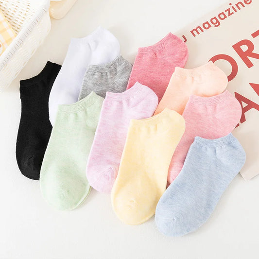 10 Pairs of Colored Cotton WOMEN'S Short Socks, Ankle Breathable Mesh Sports Socks, Summer Casual Solid Color Boat Socks