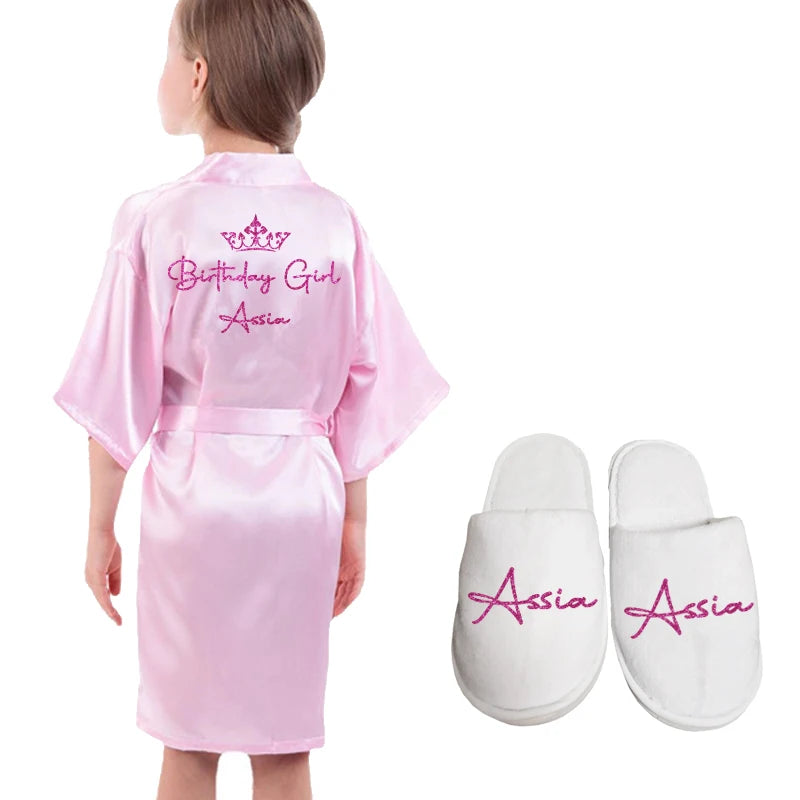 Customize Name Date Flower Girl Kimono Robes Wedding Bathrobes Pajamas Kids robe+belt Nightdress Brial Party Kid Robe