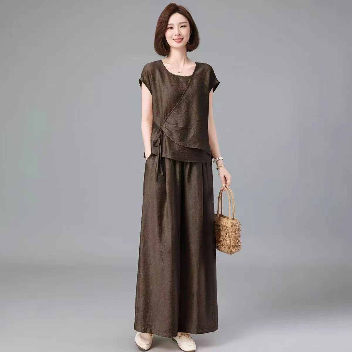 Faionable Summer 2025 Agel Loose Commute Simple Set Ele Senior Women's Cotton Long Pants ort Sve Two-Piece Suit