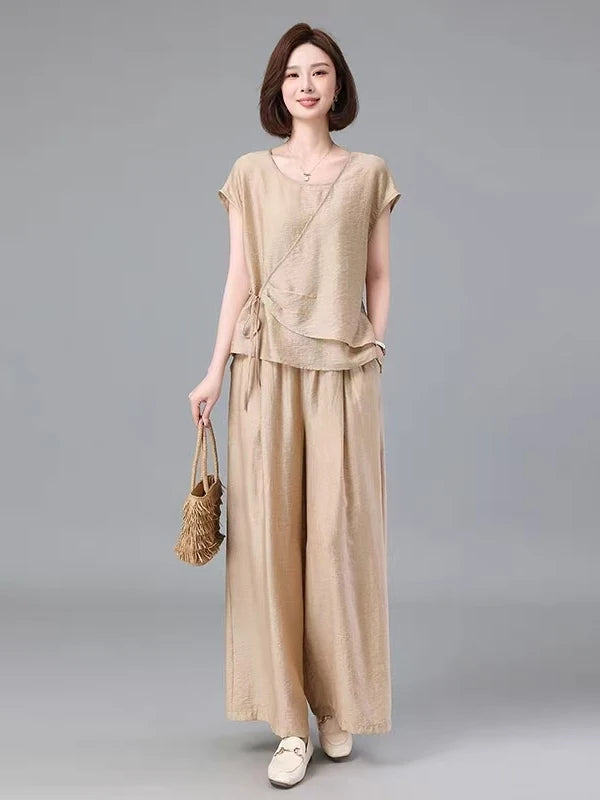 Faionable Summer 2025 Agel Loose Commute Simple Set Ele Senior Women's Cotton Long Pants ort Sve Two-Piece Suit