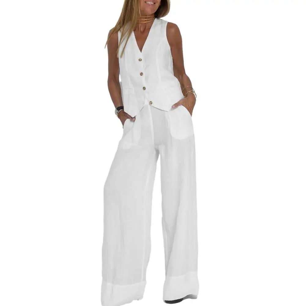 Casual Style Suit Set Fashionable Women's Cotton Linen Suit Sleeveless Vest Wide Leg Pants Set for Office or Casual Wear