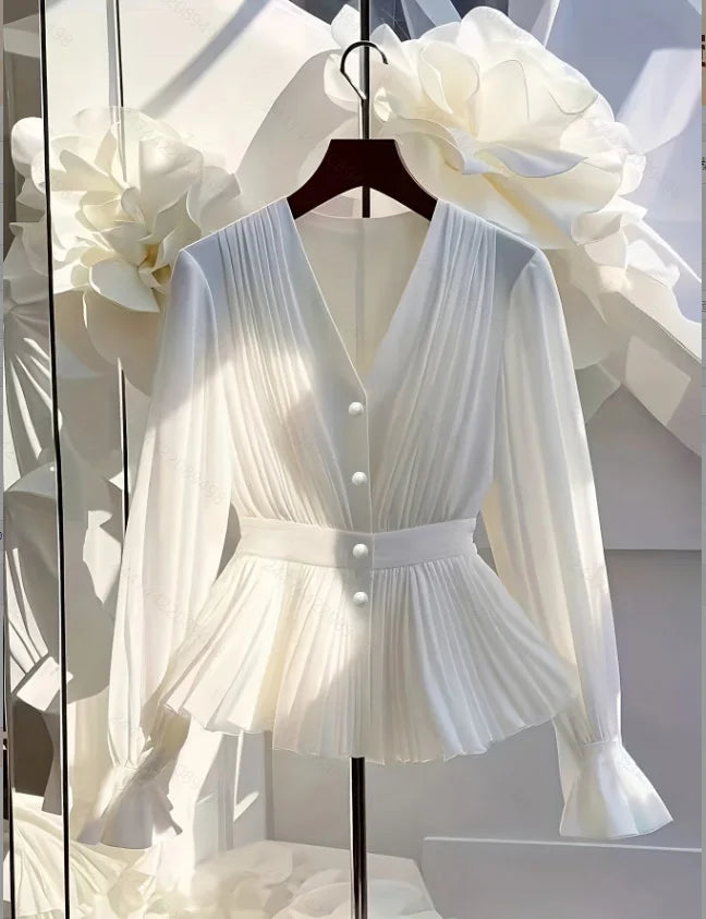 Fashionable Women's French Noble Light Luxury Early Autumn Shirt Skirt Set Waist-Cinched Elegant Two-Piece Ensemble