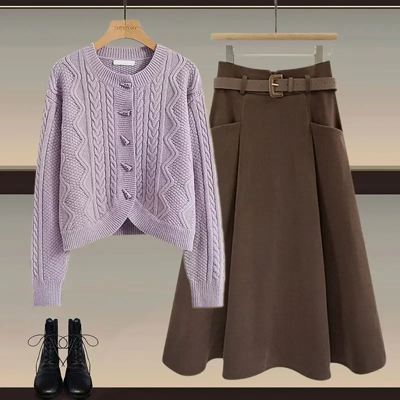 Plus Size Winter Knitted Sweater And Mini Skirt Set for Women Button Design Slimming Top Bottom Piece Outfit Ensemble