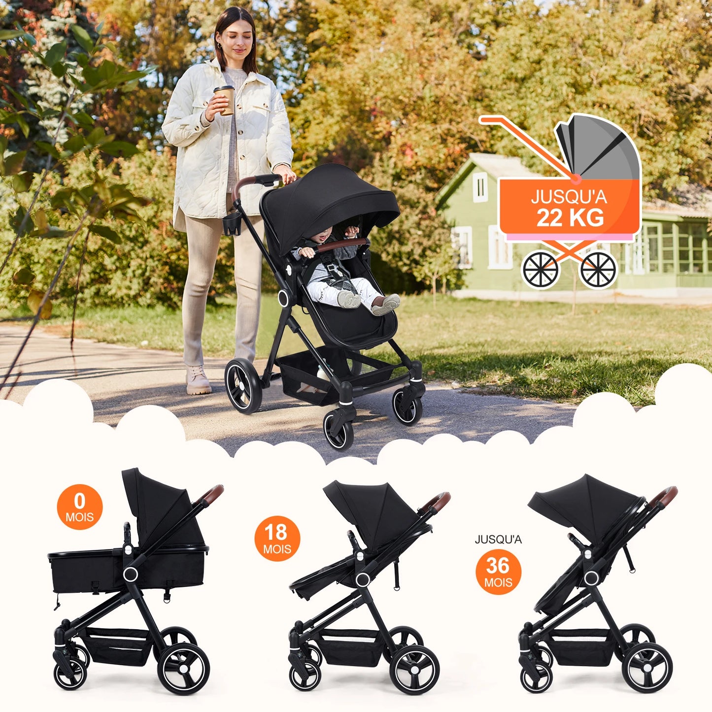 Buggy Stroller 2 In 1, 0-36 Months, Combi Stroller Up To 22 Kg, Sport Buggy, Travel Buggy, Large Wheels, Easy Folding