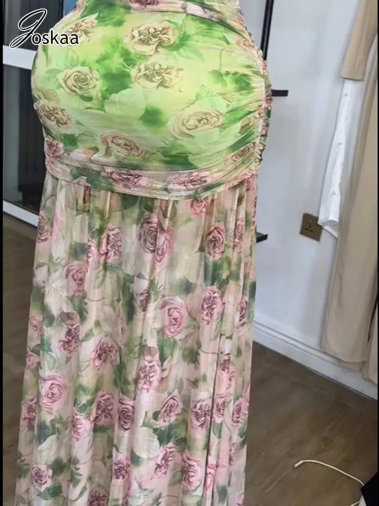 Joskaa 2025 Summer Women's Sexy Floral Print Strap Stacked Ruched High Split Tunic Maxi Long Dress Beach Vacation Y2K Streetwear