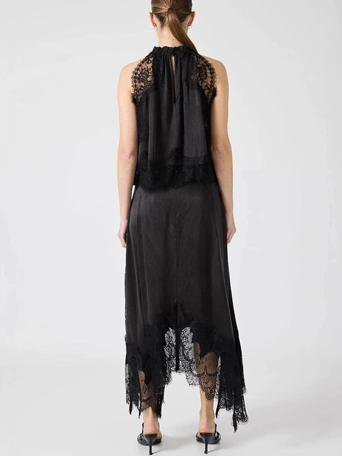 Temperament Solid Color Skirt Two Piece Set Women Lace Patchwork Sleeveless A-line Skirts Irregular Skirts 2 Piece Sets Female