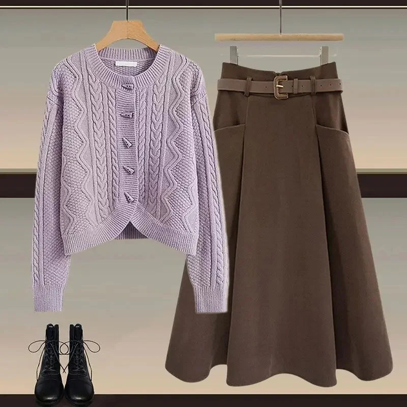 Plus Size Winter Knitted Sweater And Mini Skirt Set for Women Button Design Slimming Top Bottom Piece Outfit Ensemble