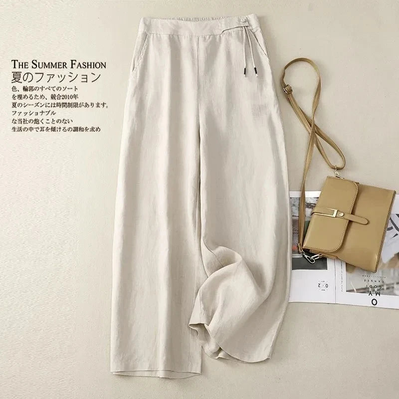 Summer Pants For Women Cotton Linen Large Size Wide Leg Pants Femme Arts Style Elastic Waist Solid Casual Loose Pantalon