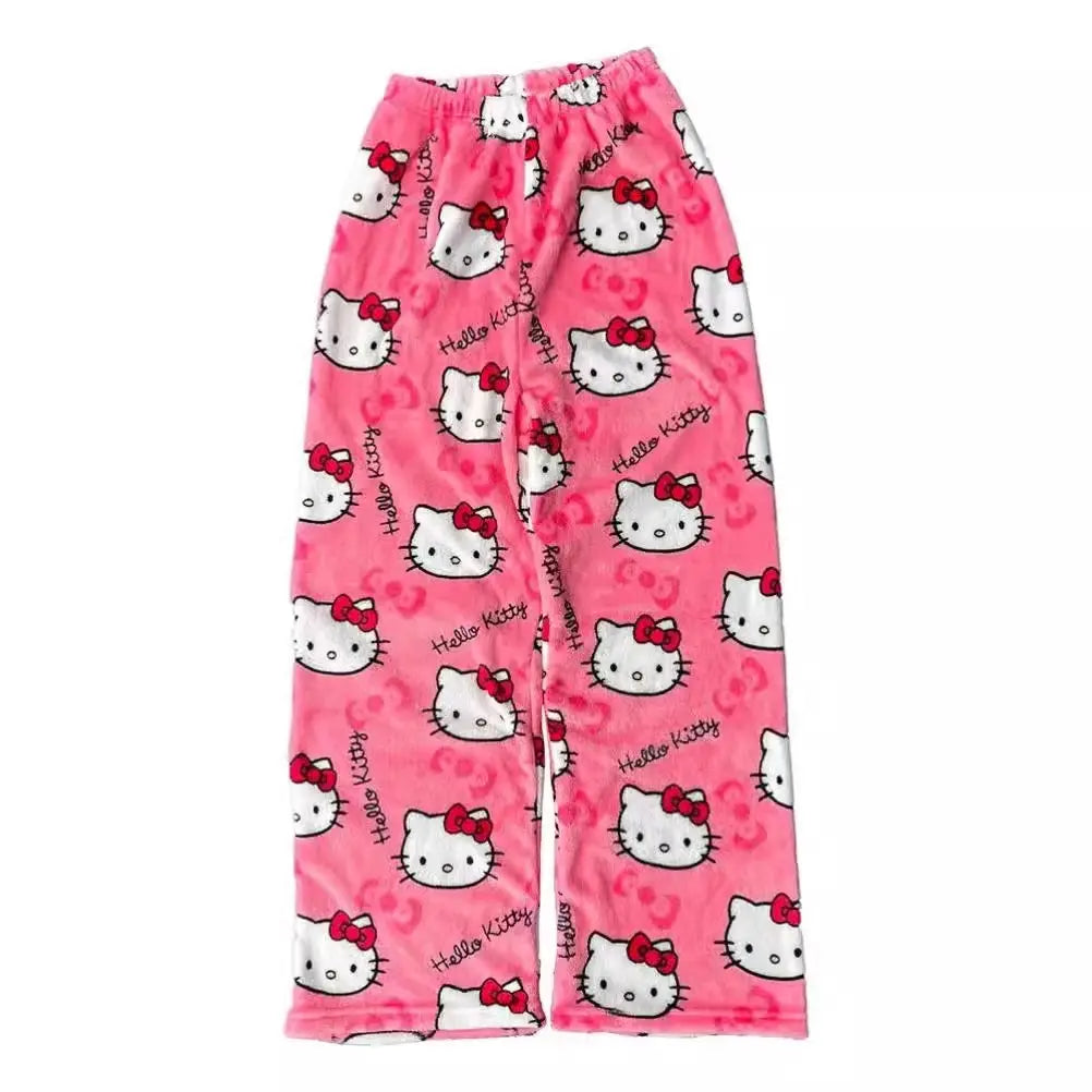 Cartoon Hello Kittys Pajamas Women's Flannel Pajama Pants Autumn and Winter Loose Casual Pant Thicken Warm Leisure Home Clothing