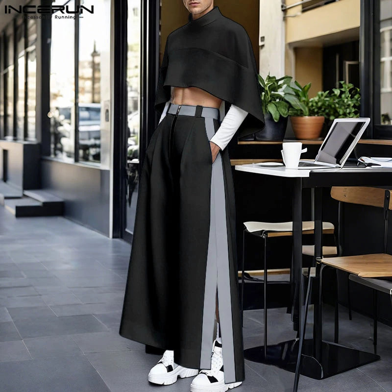 INCERUN Men Sets Patchwork Turtleneck Irregular Crop Shirt Cloak & Wide Leg Pants 2PCS Streetwear Loose Fashion Casual Men Suits