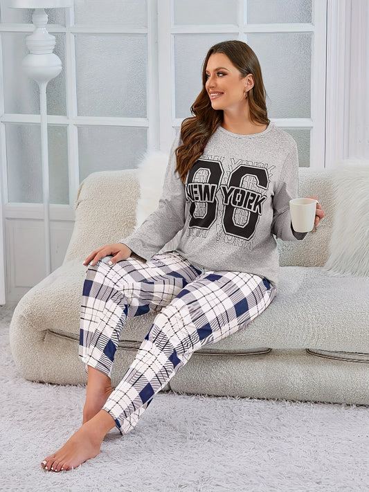 2-Piece Set of Women's Autumn Pajamas, Fashionable Casual Letter Plaid Print Long-Sleeved Long Pants, Can Be Worn Outside, Pajamas