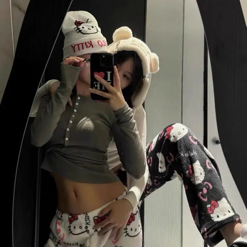 Cartoon Hello Kittys Pajamas Women's Flannel Pajama Pants Autumn and Winter Loose Casual Pant Thicken Warm Leisure Home Clothing