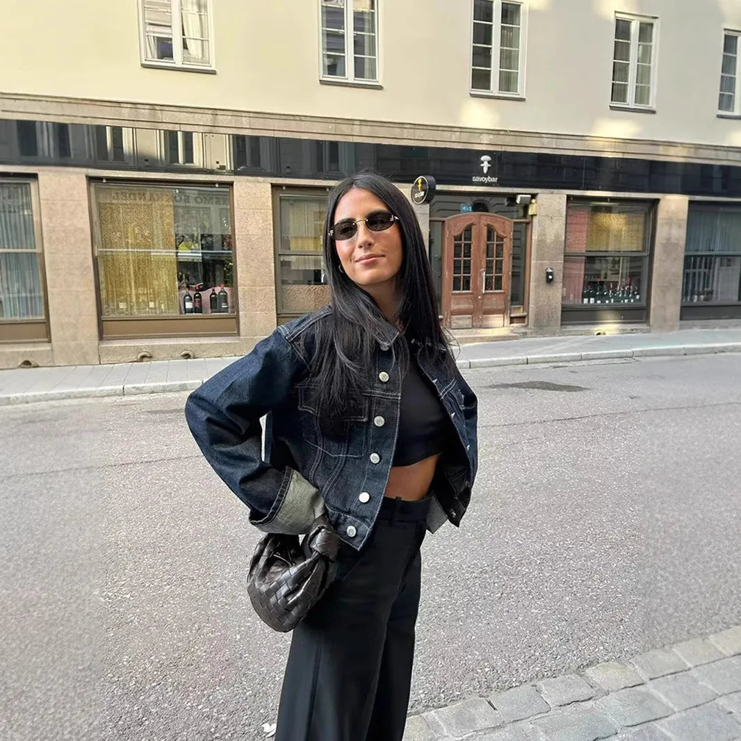 Women's 2025 Spring Fashion Casual Denim Jacket Coat Flared Rolled Pants Two-piece Set Ensemble Femme 2 Pièces Été