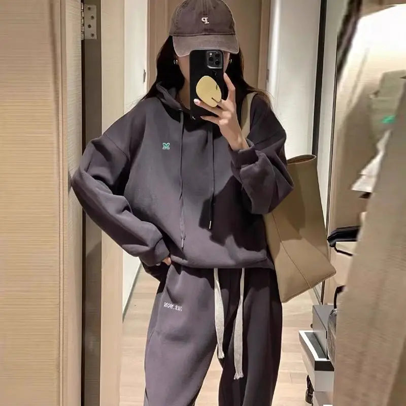 Korean Style Women's Casual Outfit Letter Embroidery Hoodie And Trousers Set Fashionable Spring Autumn Two-Piece Suit