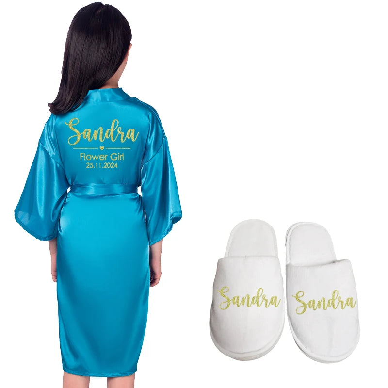 Customize Name Date Flower Girl Kimono Robes Wedding Bathrobes Pajamas Kids robe+belt Nightdress Brial Party Kid Robe
