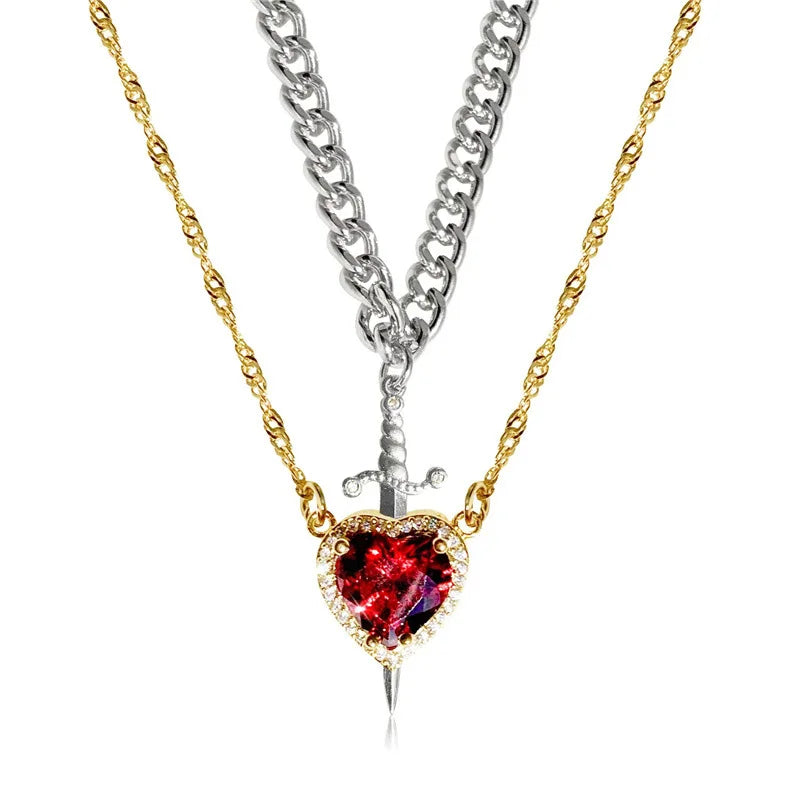 Fashion Couple Necklace Heart and Sword Pendant Necklace Women Romantic Luxury Valentine's Day Jewelry Gifts Banquet Accessories