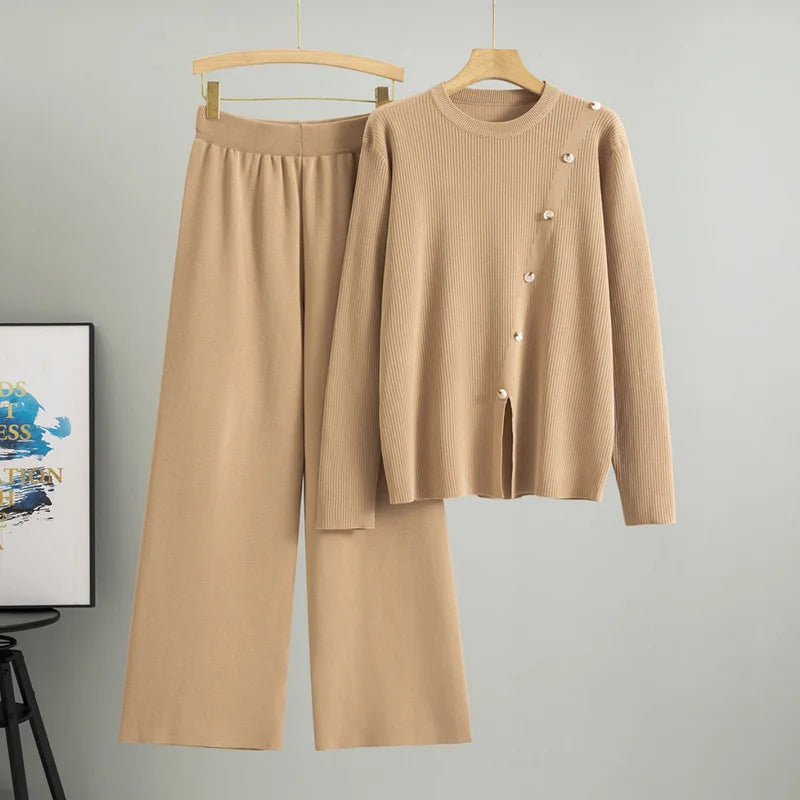 Women Two Piece Set Muslim Knitted Pullover Sweater Wide Leg Pant Casual Knit Outfits Suits Musulman Ensemble Autumn Winter