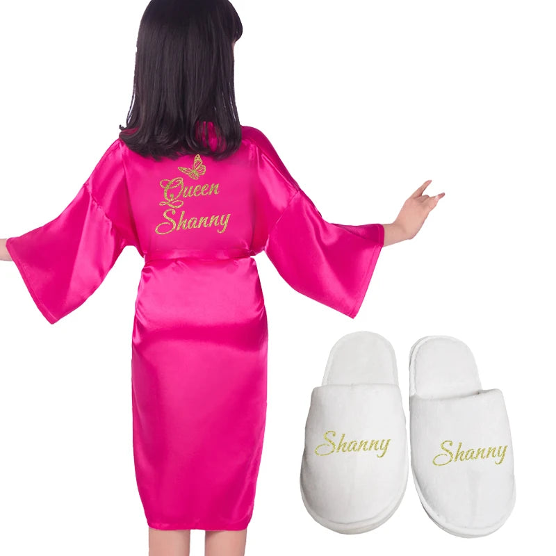 Customize Name Date Flower Girl Kimono Robes Wedding Bathrobes Pajamas Kids robe+belt Nightdress Brial Party Kid Robe