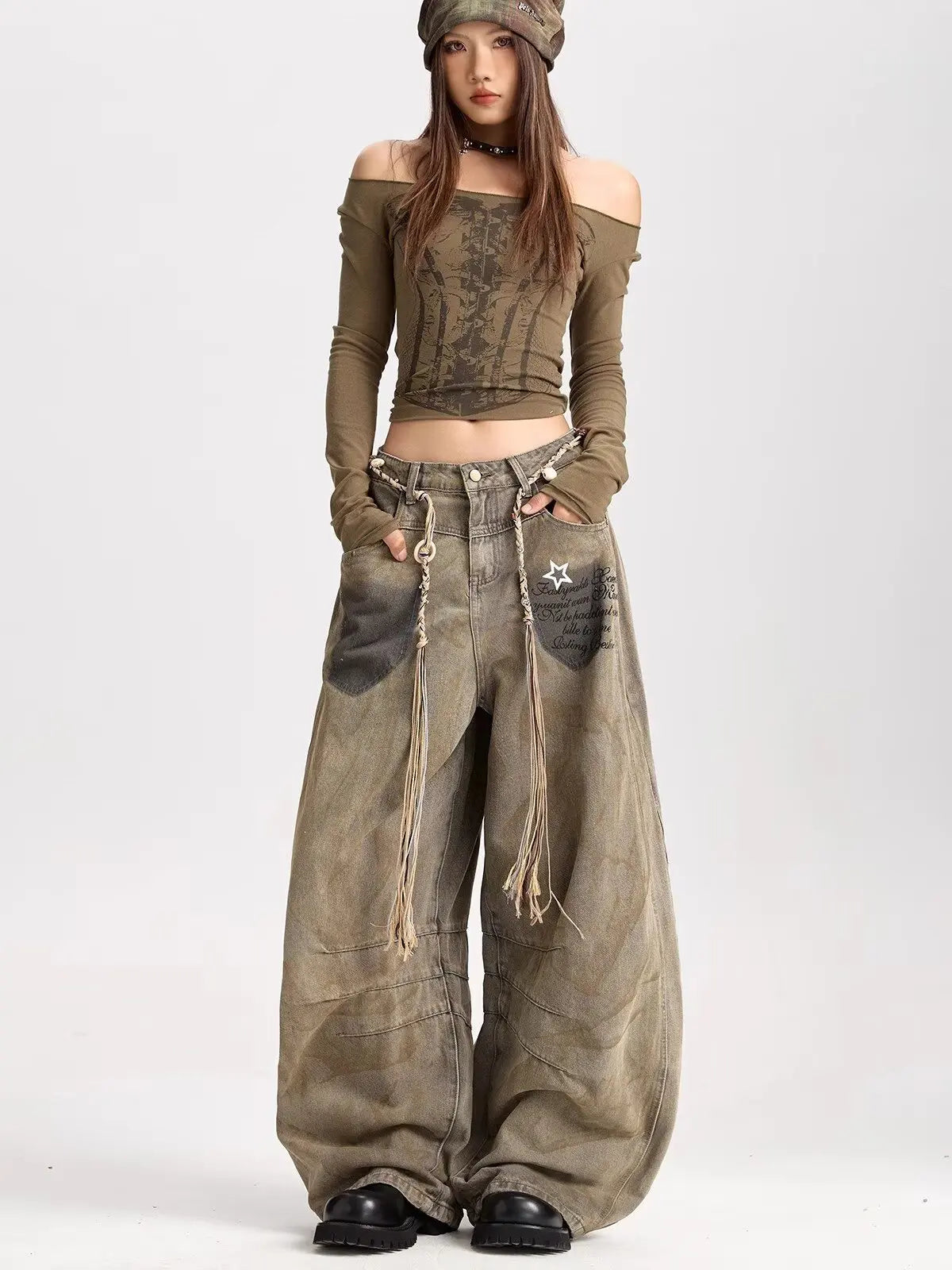 American retro new versatile silhouette curved jeans suitable for both men and women Y2k trendy Harajuku wide leg loose pants