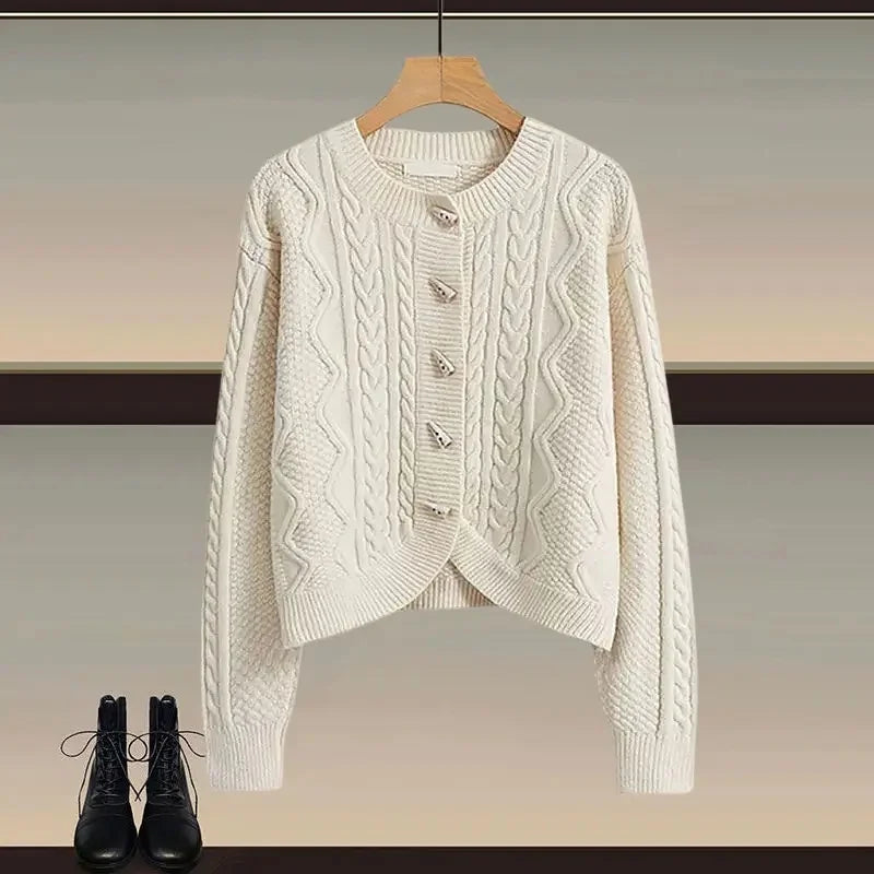 Plus Size Winter Knitted Sweater And Mini Skirt Set for Women Button Design Slimming Top Bottom Piece Outfit Ensemble