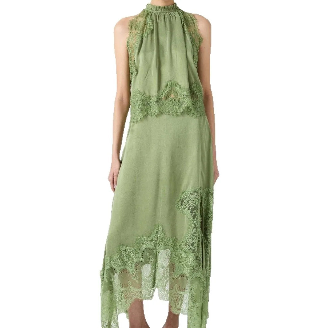 Temperament Solid Color Skirt Two Piece Set Women Lace Patchwork Sleeveless A-line Skirts Irregular Skirts 2 Piece Sets Female