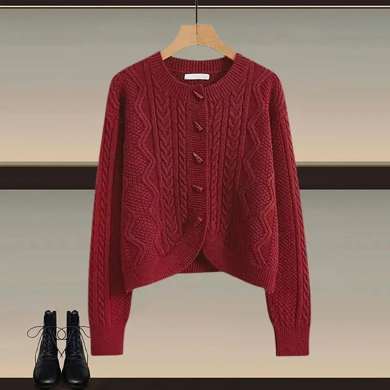 Plus Size Winter Knitted Sweater And Mini Skirt Set for Women Button Design Slimming Top Bottom Piece Outfit Ensemble