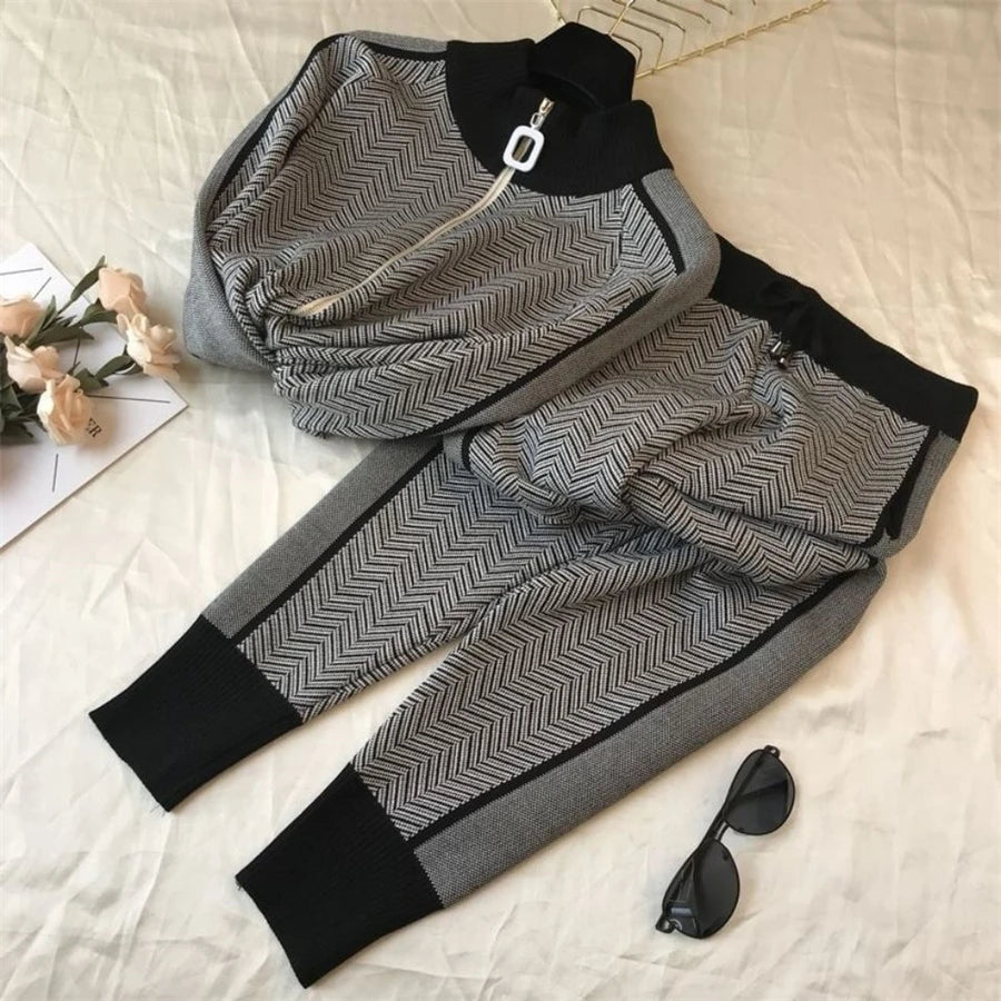Korean Fashion Pants 2 Piece Set Women Half Turtleneck Knitted Jacket Conjunto Casual Spring Fall Jogger Pantalones Ensemble
